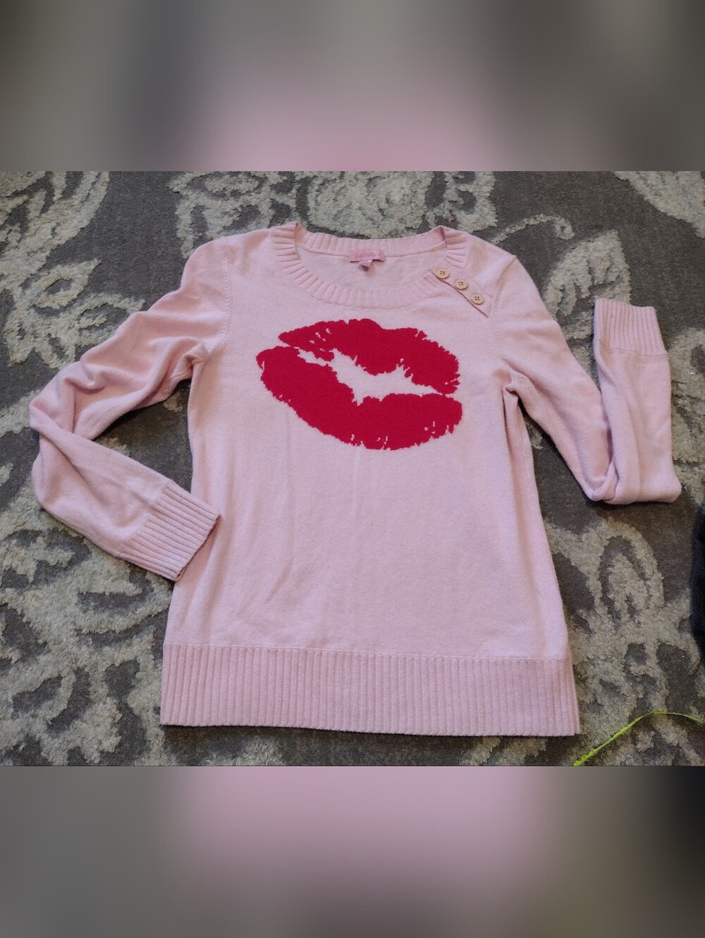 Lilly Pulitzer Pink Crewneck Sweater with Bright Pink Lips Cashmere Blend